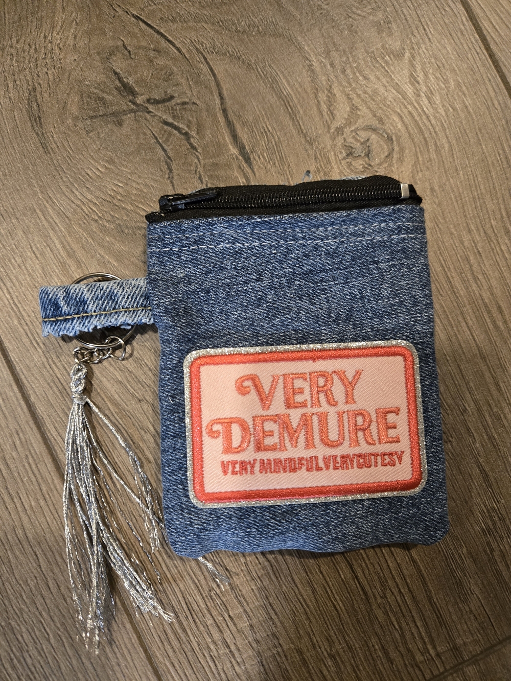 Denim Key & Card Pouch with Pink 'Very Demure' Patch - HANDMADE